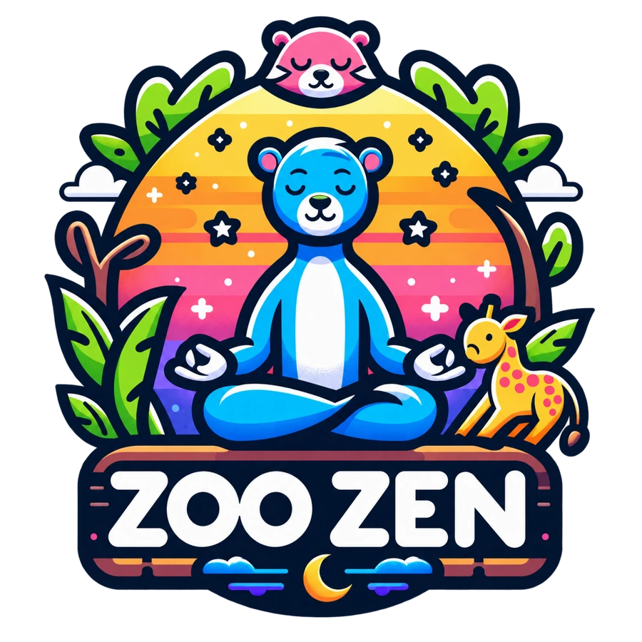 Zoo Zen: a colourful blue bear sitting peacefully among animals